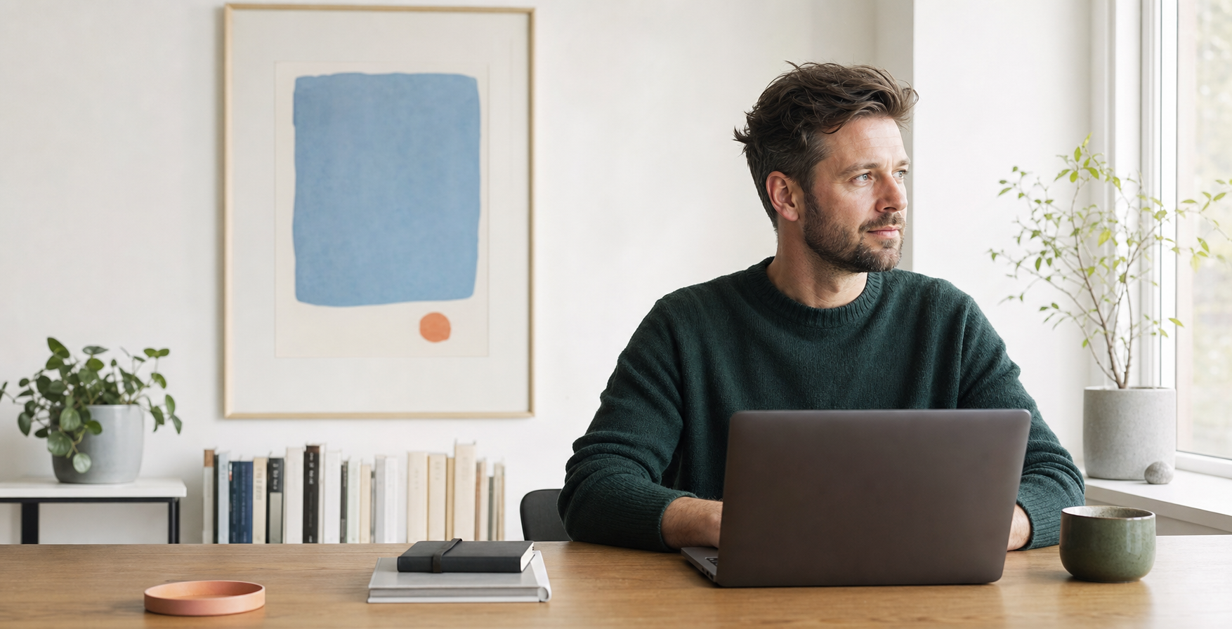 A calm workspace with a person working beside a bright window.